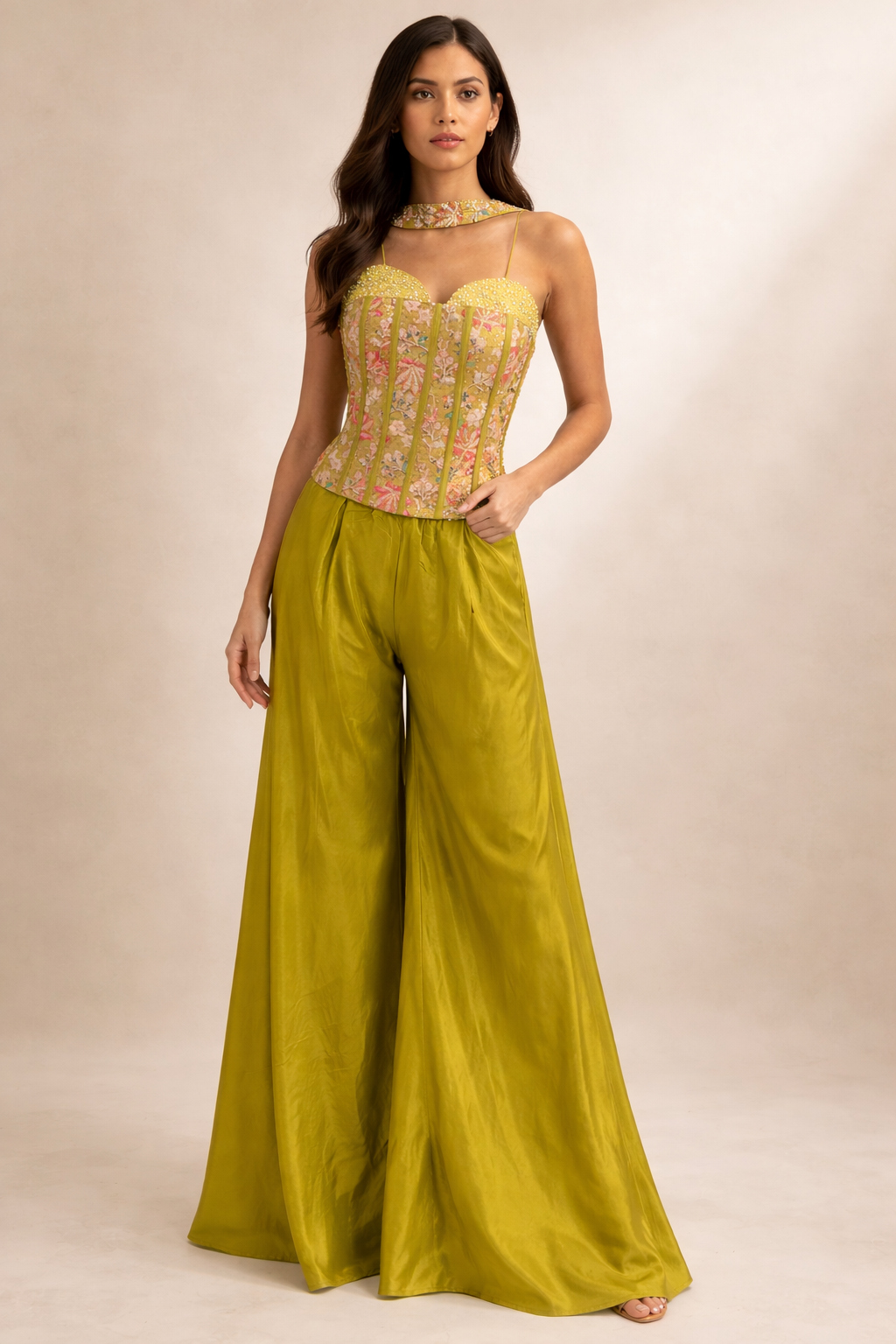 Olive Green Corset Top with Wide-Leg Pants Co-ord Set